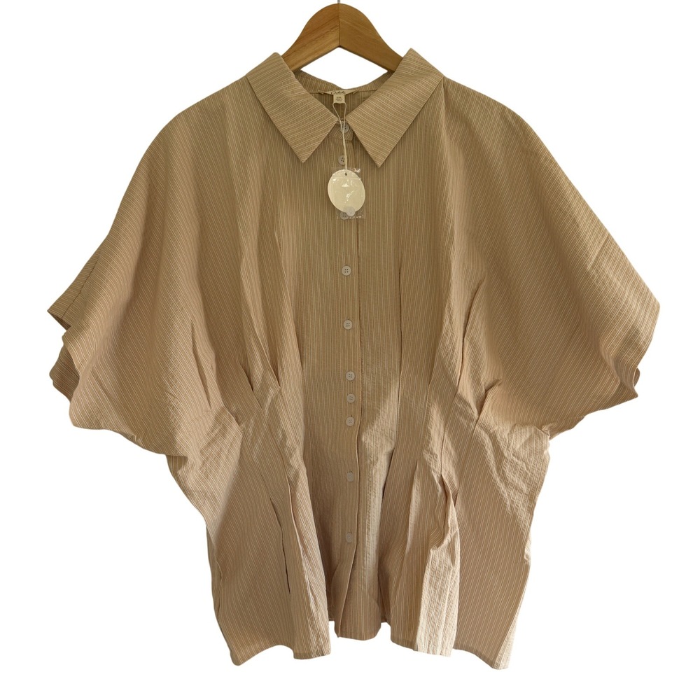 Oddi Los Angeles Tan Pinstripe Peplum Button Down Top 2XL Smocked Back IT18819P